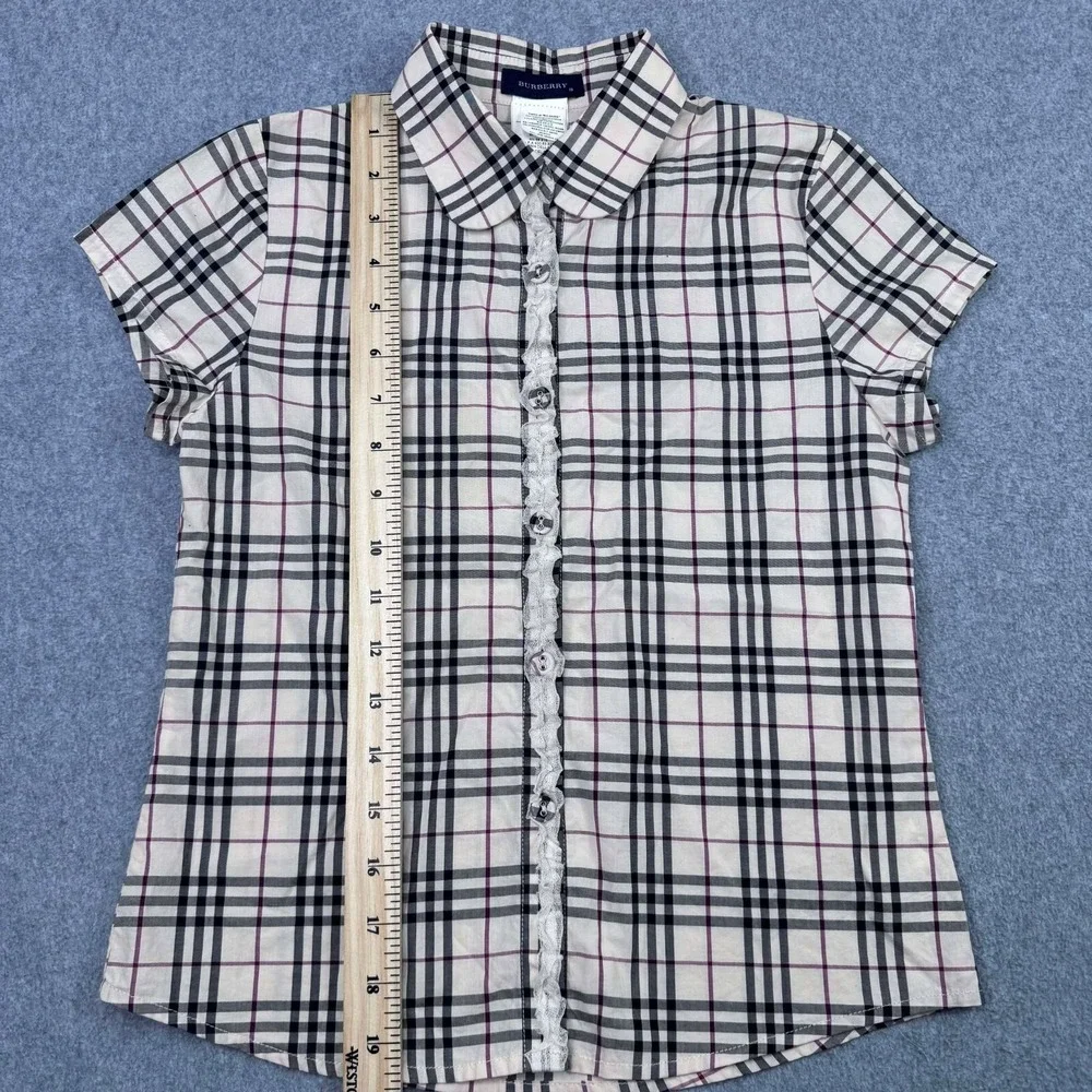 Burberry Nova Check Printed Cotton Trim Detail SS Button Up Girls Sz 10 Academia